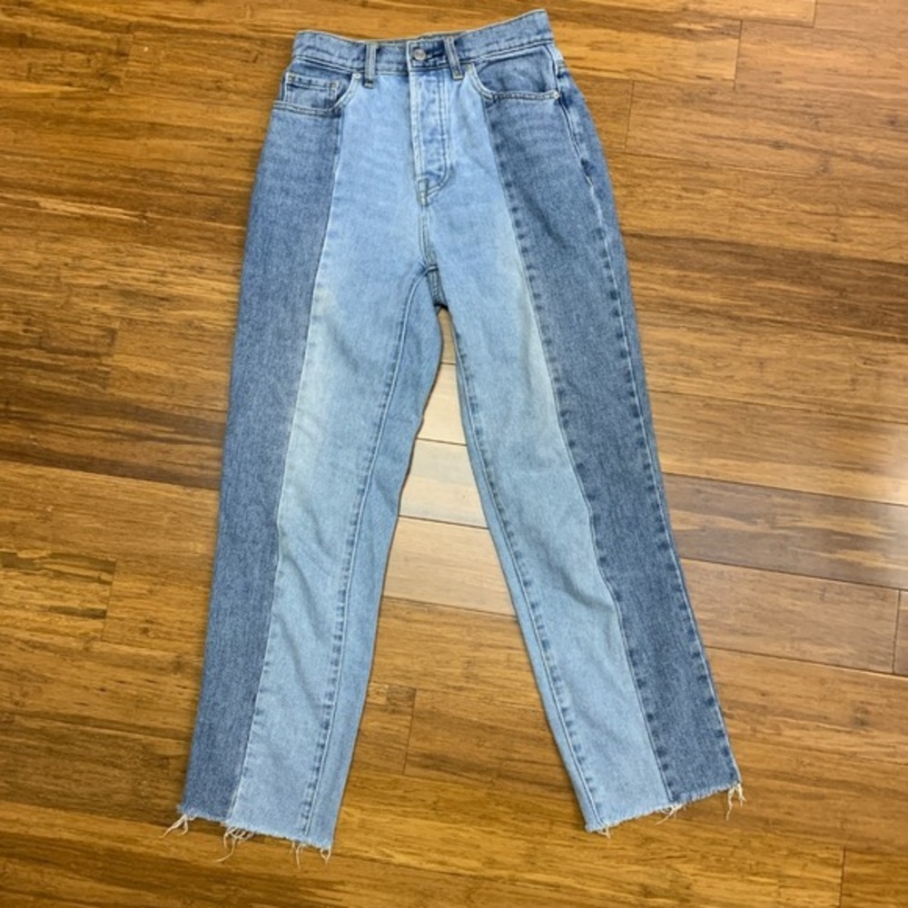 PacSun High Rise Straight Jeans Womens 23 Two Tone Denim Raw Hem Button‎ Fly